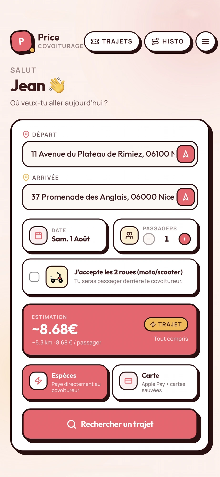 App Price — vue passager