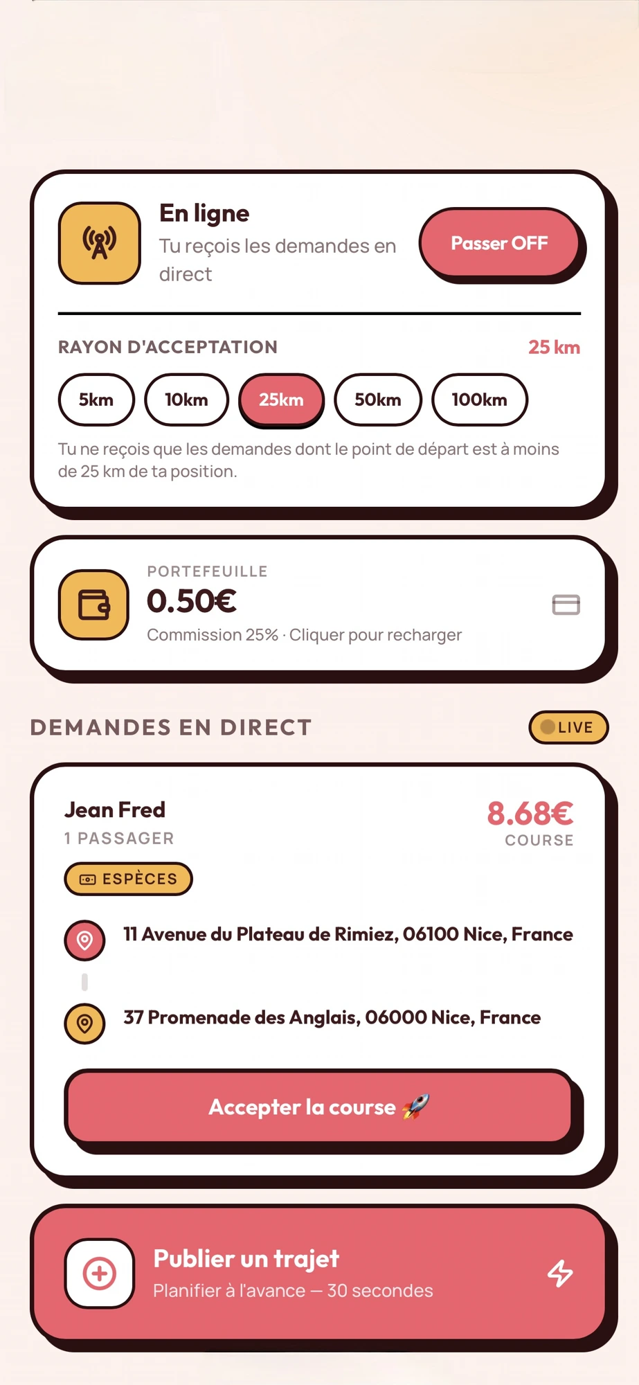 App Price — vue covoitureur